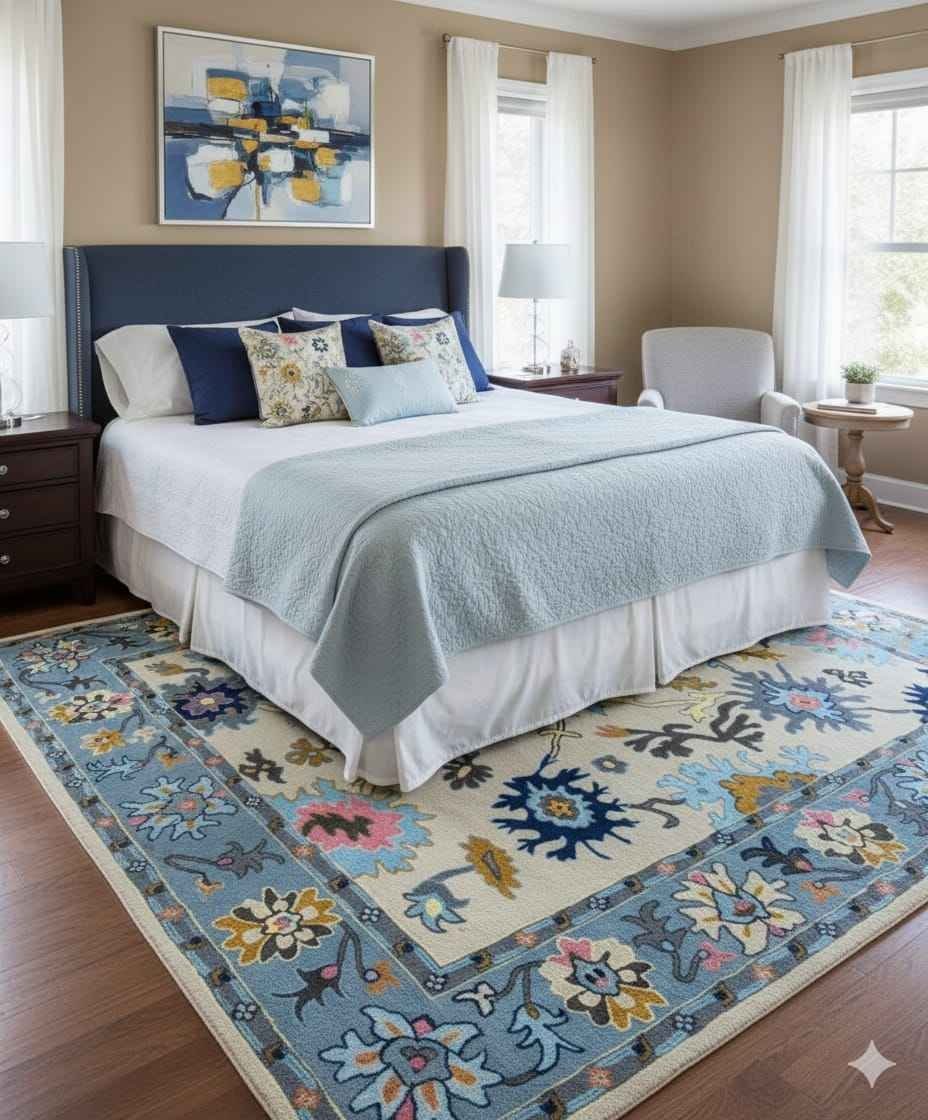 Hand Tufted Wool Carpet Anti-Static Eco-Friendly Medium Pile Blue Beige Floral Border Design Indian Killim Handmade Rug Home