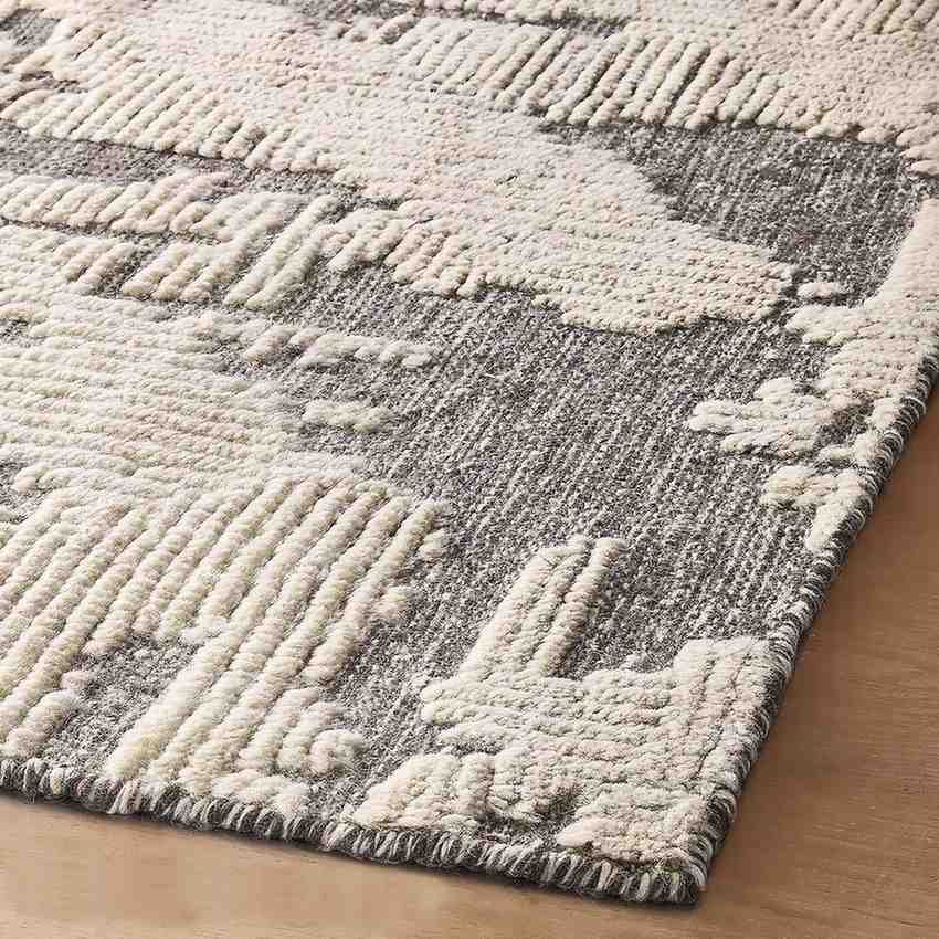 Custom Hand Knotted Modern Textured Wool Rug High Low Pile Gray Ivory
